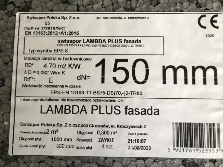 etykieta na styropianie lambda plus fasada