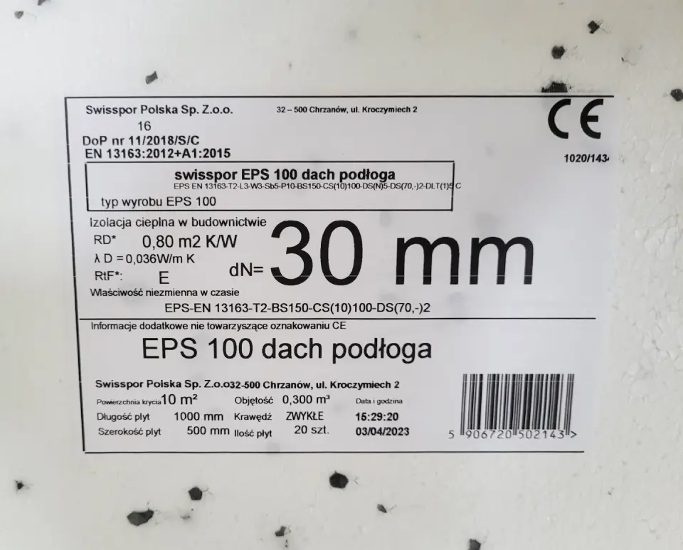 etykieta z parametrami na styropianie EPS 100 większa